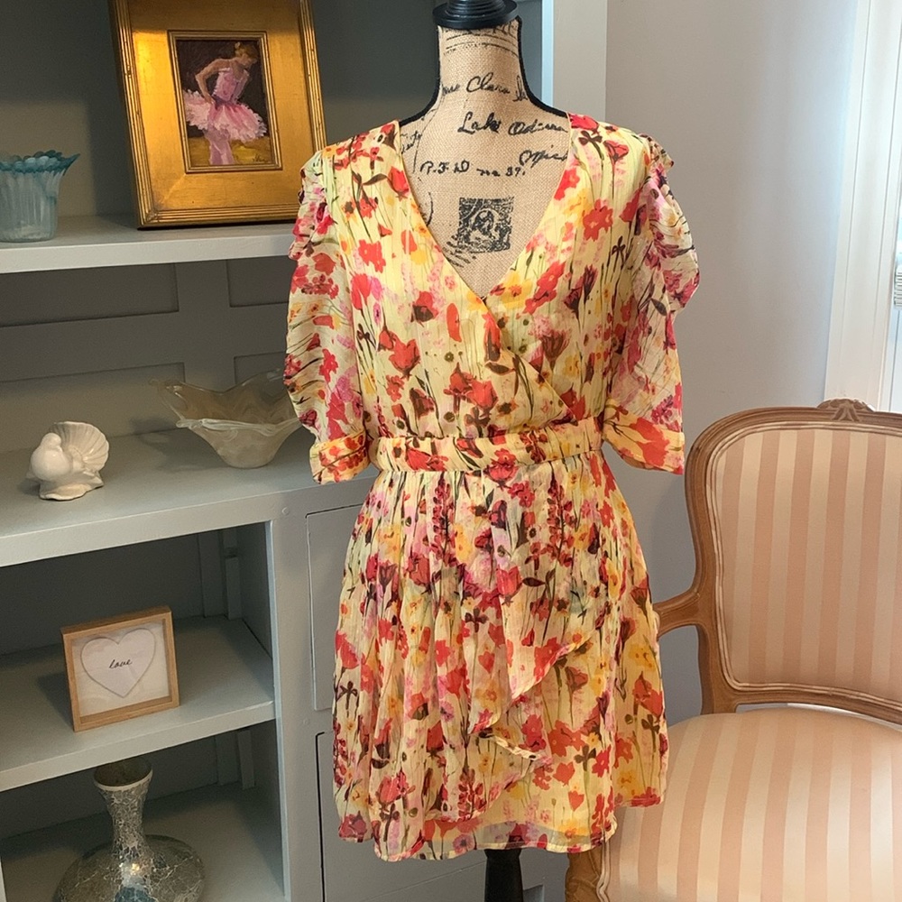 Walter Baker designer red gold yellow floral puff sleeve spring dress $148 M 8
